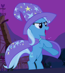 Size: 458x514 | Tagged: safe, screencap, trixie, pony, unicorn, g4, magic duel, bipedal, cape, clothes, cropped, female, mare, ponyville, solo