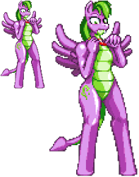 Size: 228x289 | Tagged: safe, artist:casetermk, spike, pegasus, pony, anthro, unguligrade anthro, g4, barb, female, male, pixel art, ponified, ponified barb, ponified spike, rule 63, simple background, species swap, transparent background, wide eyes