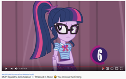 Size: 1220x759 | Tagged: safe, sci-twi, twilight sparkle, equestria girls, g4, my little pony equestria girls: better together, stressed in show, 6, clothes, coppa, female, geode of telekinesis, magical geodes, solo, text, youtube, youtube kids shit