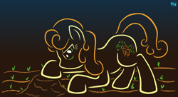 Size: 700x380 | Tagged: safe, artist:quint-t-w, carrot top, golden harvest, earth pony, pony, g4, annoyed, female, garden, gradient background, molehill, old art, plant, solo