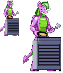 Size: 262x304 | Tagged: safe, artist:casetermk, spike, dracony, dragon, hybrid, pony, anthro, unguligrade anthro, g4, cooking, eyes closed, frying pan, male, pixel art, simple background, smiling, spatula, species swap, transparent background