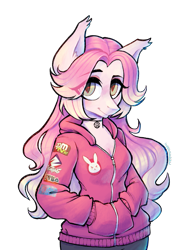 Size: 1601x2048 | Tagged: safe, artist:earthpone, oc, oc only, oc:beta virus, earth pony, anthro, anthro oc, choker, clothes, half length, hoodie, looking at you, overwatch, patch, pink, simple background, solo, standing, transparent background
