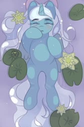 Size: 720x1080 | Tagged: safe, artist:macyw, oc, oc only, oc:fleurbelle, alicorn, pony, alicorn oc, blushing, bow, eyes closed, female, floating, flower, hair bow, horn, lilypad, mare, swimming, thick eyebrows, water