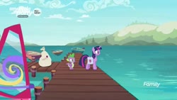 Size: 1920x1080 | Tagged: safe, screencap, spike, twilight sparkle, alicorn, dragon, pony, g4, the point of no return, bag, discovery family, discovery family logo, logo, pier, saddle bag, twilight sparkle (alicorn), winged spike, wings