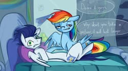 Size: 2780x1553 | Tagged: safe, artist:moliere, rainbow dash, soarin', pegasus, pony, g4, autograph, banner, bed, caught, cloud, dialogue, female, flag, imminent belly rub, lamp, male, mare, offscreen character, on back, on bed, rainbow dash's house, ship:soarindash, shipping, stallion, straight, wide eyes