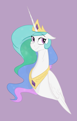 Size: 1391x2187 | Tagged: safe, artist:anticular, color edit, edit, princess celestia, alicorn, pony, g4, bust, colored, cute, cutelestia, eye clipping through hair, female, floppy ears, jewelry, looking at you, peytral, purple background, regalia, sidemouth, simple background, smiling, solo, violet background