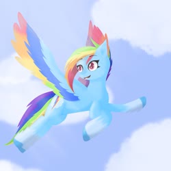 Size: 2953x2953 | Tagged: safe, artist:letsmakeanoc, rainbow dash, pegasus, pony, g4, cloud, colored wings, female, flying, g5 concept leak style, g5 concept leaks, high res, mare, multicolored wings, rainbow dash (g5 concept leak), rainbow wings, redesign, sky, wings
