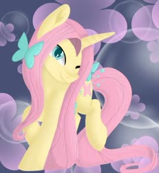Size: 671x727 | Tagged: safe, artist:letsmakeanoc, fluttershy, butterfly, pony, unicorn, g4, abstract background, female, fluttershy (g5 concept leak), g5 concept leak style, g5 concept leaks, looking at you, mare, one eye closed, raised hoof, raised leg, redesign, smiling, solo, turned head, unicorn fluttershy, wink