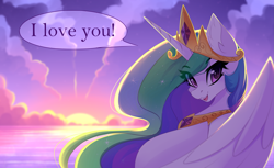 Size: 5555x3404 | Tagged: safe, artist:airiniblock, princess celestia, alicorn, pony, bronybait, commission, crown, eye clipping through hair, female, i love you, jewelry, looking at you, mare, ocean, peytral, regalia, scenery, smiling, solo, water