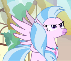 Size: 1099x941 | Tagged: safe, screencap, silverstream, hippogriff, g4, uprooted, cropped, female, jewelry, looking up, necklace, pose, proud, smiling, solo, spread wings, wings