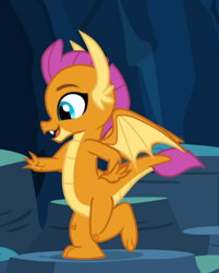 Size: 552x685 | Tagged: safe, screencap, smolder, dragon, g4, uprooted, cave of harmony, claws, cropped, cute, dragoness, fangs, female, horns, looking down, open mouth, side view, smiling, smolderbetes, solo, spread wings, standing, standing on one leg, teenaged dragon, teenager