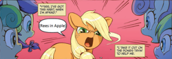 Size: 927x318 | Tagged: safe, artist:caseycoller, edit, idw, applejack, g4, spoiler:comic, spoiler:comic85, autistic screeching, descriptive noise, female, filly, filly applejack, reeee, younger