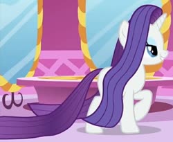Size: 639x525 | Tagged: safe, screencap, rarity, pony, unicorn, g4, rarity's biggest fan, spoiler:interseason shorts, cropped, female, lidded eyes, long hair, long tail, loose hair, mare, mirror, solo