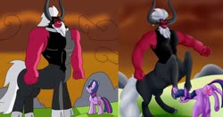 Size: 1280x678 | Tagged: safe, artist:thebadgrinch, lord tirek, twilight sparkle, alicorn, centaur, pony, unicorn, g4, season 4, twilight's kingdom, art evolution, cloven hooves, colored hooves, comparison, duo, female, fight, glowing horn, horn, male, mare, nose piercing, nose ring, piercing, redraw, septum piercing, twilight sparkle (alicorn)