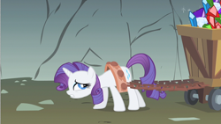 Size: 1280x720 | Tagged: safe, screencap, rarity, pony, unicorn, a dog and pony show, g4, cart, chains, female, gem cave, gritted teeth, horseshoes, looking back, mare, solo, worried