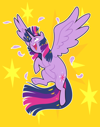 Size: 1500x1900 | Tagged: safe, artist:petalierre, twilight sparkle, alicorn, pony, g4, cute, cutie mark, cutie mark background, feather, female, floating eyebrows, mare, open mouth, simple background, solo, spread wings, twiabetes, twilight sparkle (alicorn), wings, yellow background