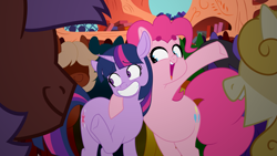 Size: 1777x1000 | Tagged: safe, artist:petalierre, pinkie pie, twilight sparkle, earth pony, pony, unicorn, friendship is magic, g4, background pony, beanbrows, duo focus, eyebrows, female, golden oaks library, mare, open mouth, party, scene interpretation, smiling, unicorn twilight