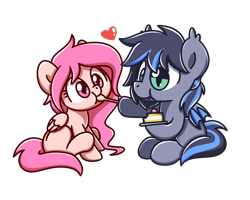 Size: 2560x2048 | Tagged: safe, artist:sugar morning, oc, oc only, oc:midnight aegis, oc:peach hack, bat pony, pegasus, pony, cake, chibi, couple, cute, duo, feeding, female, food, heart, high res, male, peagis, simple background, sitting, transparent background, weapons-grade cute, wings