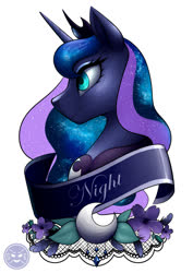 Size: 1024x1449 | Tagged: safe, artist:graphic-ginger, princess luna, pony, g4, bust, crescent moon, crown, cute, ethereal mane, female, flower, galaxy mane, jewelry, lunabetes, mare, moon, old banner, portrait, regalia, simple background, solo, starry mane, white background