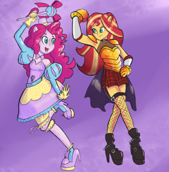 Size: 2153x2200 | Tagged: dead source, safe, artist:pettypop, pinkie pie, sunset shimmer, equestria girls, g4, armor, armpits, clothes, dress, duo, fishnet stockings, hat, high heels, high res, magical girl, redraw, shoes, wand