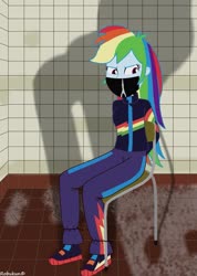 Size: 755x1058 | Tagged: safe, artist:robukun, rainbow dash, equestria girls, g4, arm behind back, bondage, clothes, gag, rainbond dash, tape, tape gag, tied to chair, tied up, winter outfit