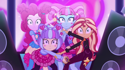 Size: 1920x1080 | Tagged: safe, screencap, kiwi lollipop, pinkie pie, sunset shimmer, supernova zap, equestria girls, equestria girls specials, g4, my little pony equestria girls: better together, my little pony equestria girls: sunset's backstage pass, female, k-lo, looking at you, postcrush, shrunken pupils, staring at you, su-z, time twirler, wide eyes