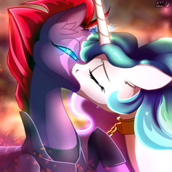 Size: 3500x3500 | Tagged: safe, artist:amiro, artist:candasaurus, derpibooru exclusive, princess celestia, tempest shadow, alicorn, pony, unicorn, g4, my little pony: the movie, armor, bedroom eyes, bondage, broken horn, chains, collar, crossed horns, crying, duo, eyes closed, female, femdom, femsub, floppy ears, forced, forced kiss, high res, hoof hold, horn, horns are touching, kiss on the lips, kissing, leash, lesbian, mare, shipping, sparking horn, sublestia, submissive, tempestia