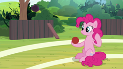 Size: 1920x1080 | Tagged: safe, screencap, pinkie pie, earth pony, pony, 2 4 6 greaaat, g4, ball, buckball field, female, mare, raised hoof, sitting, smiling, solo
