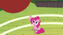 Size: 1920x1080 | Tagged: safe, screencap, pinkie pie, earth pony, pony, 2 4 6 greaaat, g4, ball, buckball field, female, looking up, mare, raised hoof, sitting, smiling, solo