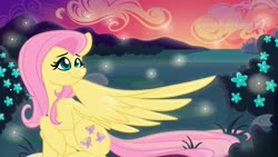 Size: 1280x720 | Tagged: safe, artist:cadetredshirt, fluttershy, firefly (insect), insect, pegasus, pony, g4, digital art, female, flower, long mane, long tail, sitting, smiling, solo, sunset, wings
