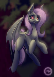 Size: 2059x2912 | Tagged: safe, artist:graphic-ginger, fluttershy, bat pony, pony, g4, abstract background, bat ponified, female, flutterbat, flying, high res, looking away, mare, print, race swap, red eyes, signature, solo, spread wings, three quarter view, watermark, wings