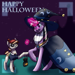 Size: 1080x1080 | Tagged: safe, artist:graphic-ginger, pipsqueak, twilight sparkle, earth pony, pony, unicorn, g4, candy, clothes, colt, costume, duo, eye clipping through hair, female, food, halloween, holiday, magic, male, mare, night, nightmare night, nightmare night costume, pirate, smiling, speedpaint available, star swirl the bearded costume, stars, telekinesis, unicorn twilight