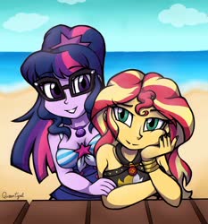 Size: 1154x1236 | Tagged: safe, artist:queentigrel, sci-twi, sunset shimmer, twilight sparkle, equestria girls, g4, beach, bikini, clothes, duo, female, glasses, looking at you, ocean, smiling, swimsuit