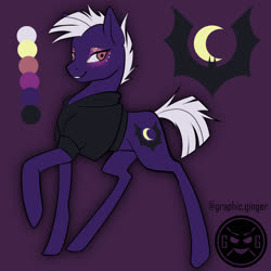 Size: 1080x1080 | Tagged: safe, artist:graphic-ginger, oc, oc only, earth pony, pony, adoptable, clothes, cutie mark, eyeshadow, female, looking at you, makeup, mare, purple background, reference sheet, shirt, simple background, smiling, solo