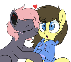 Size: 1529x1333 | Tagged: safe, artist:notenoughapples, oc, oc:retro hearts, oc:vedalia rose, oc:vee, earth pony, pegasus, pony, clothes, cute, female, hoodie, kissing, lesbian, oc x oc, shipping, simple background, transparent background