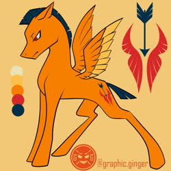 Size: 1080x1080 | Tagged: safe, artist:graphic-ginger, oc, oc only, pony, adoptable, cutie mark, floppy ears, lidded eyes, male, reference sheet, simple background, solo, spread wings, stallion, wings, yellow background