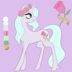 Size: 1080x1080 | Tagged: safe, artist:graphic-ginger, oc, oc only, pony, unicorn, adoptable, cutie mark, female, floral head wreath, flower, mare, reference sheet, rose, solo, turned head