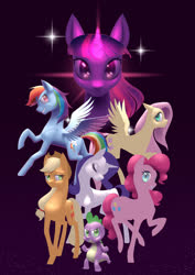 Size: 2059x2912 | Tagged: safe, artist:graphic-ginger, applejack, fluttershy, pinkie pie, rainbow dash, rarity, spike, twilight sparkle, dragon, earth pony, pegasus, pony, unicorn, g4, cutie mark, eyes closed, female, floppy ears, flying, glowing horn, gradient background, grin, high res, horn, looking at you, male, mane seven, mane six, mare, print, raised hoof, smiling, wip