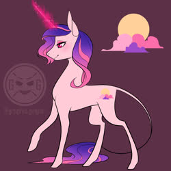 Size: 1080x1080 | Tagged: safe, artist:graphic-ginger, oc, oc only, pony, adoptable, cutie mark, female, freckles, glowing horn, horn, leonine tail, lidded eyes, long horn, mare, profile, purple background, raised hoof, reference sheet, simple background, smiling, solo