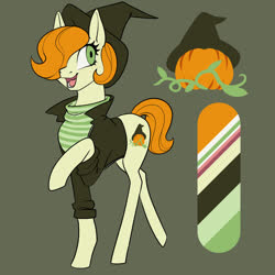 Size: 1080x1080 | Tagged: safe, artist:graphic-ginger, oc, oc only, earth pony, pony, adoptable, clothes, cutie mark, female, hat, jacket, mare, pumpkin, raised hoof, reference sheet, simple background, solo, sweater, witch hat