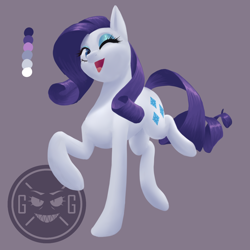 Size: 1080x1080 | Tagged: safe, artist:graphic-ginger, rarity, pony, unicorn, cute, cutie mark, female, looking at you, mare, missing horn, one eye closed, one layer, open mouth, purple background, raised hoof, raribetes, reference sheet, simple background, solo, wink