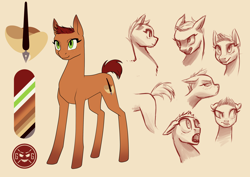 Size: 2912x2059 | Tagged: safe, artist:graphic-ginger, oc, oc only, oc:desert dust, earth pony, pony, cutie mark, expressions, female, high res, mare, reference sheet, short mane, simple background, smiling, solo, yellow background