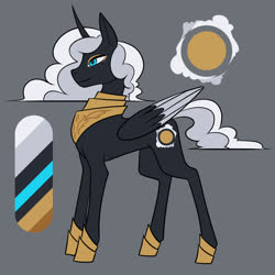 Size: 1080x1080 | Tagged: safe, artist:graphic-ginger, oc, oc only, alicorn, pony, adoptable, alicorn oc, armor, cloud mane, cutie mark, gray background, horn, jewelry, peytral, reference sheet, regalia, simple background, smiling, solo