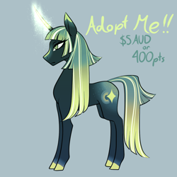 Size: 1080x1080 | Tagged: safe, artist:graphic-ginger, oc, oc only, pony, unicorn, adoptable, blaze (coat marking), coat markings, curved horn, cutie mark, facial markings, female, glowing horn, horn, mare, profile, simple background, solo