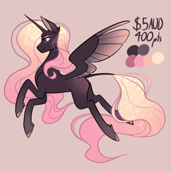 Size: 1080x1080 | Tagged: safe, artist:graphic-ginger, oc, oc only, alicorn, pony, adoptable, alicorn oc, blank flank, ethereal mane, female, flying, horn, leonine tail, mare, pink background, reference sheet, simple background, smiling, solo, starry mane