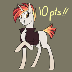 Size: 1080x1080 | Tagged: safe, artist:graphic-ginger, oc, oc only, pony, unicorn, adoptable, blank flank, brown background, clothes, female, grin, jacket, mare, raised hoof, simple background, smiling, solo