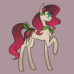 Size: 1080x1080 | Tagged: safe, artist:graphic-ginger, oc, oc only, earth pony, pony, adoptable, clothes, cutie mark, ethereal mane, female, food, mare, pink background, raised hoof, scarf, simple background, solo, starry mane, strawberry, tail wrap