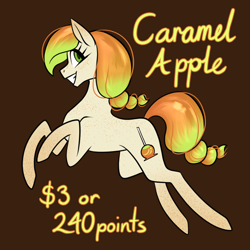 Size: 1080x1080 | Tagged: safe, artist:graphic-ginger, oc, oc only, oc:caramel apple, earth pony, pony, adoptable, brown background, cutie mark, female, freckles, grin, looking at you, mare, simple background, smiling, solo