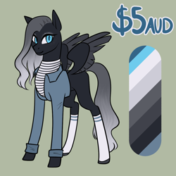 Size: 1080x1080 | Tagged: safe, artist:graphic-ginger, oc, oc only, pegasus, pony, adoptable, blank flank, clothes, female, jacket, looking at you, mare, reference sheet, shirt, simple background, socks, solo, spread wings, striped shirt, wings