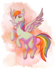 Size: 1186x1520 | Tagged: safe, artist:roe-re-oodles, rainbow dash, pony, g4, cloud, female, flying, one eye closed, simple background, smiling, solo, transparent background, wink
